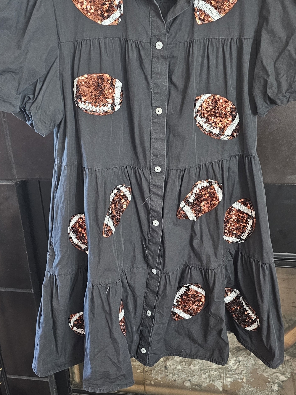 Peach Love California Black Dress with Copper Sequin Football Appliqués